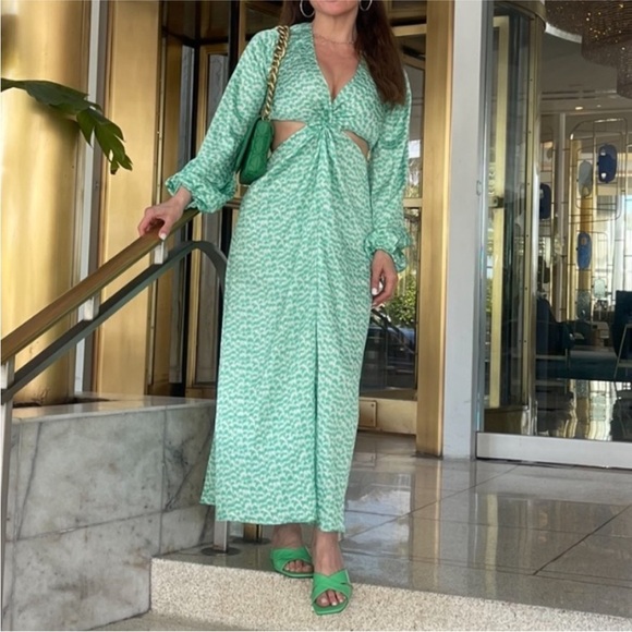 H&M Ballooned-Sleeve Green Print Cut-Out Crepe Dress - Picture 8 of 15